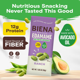 Biena ranch edamame snack packaging emphasizes convenient single-serve portions.