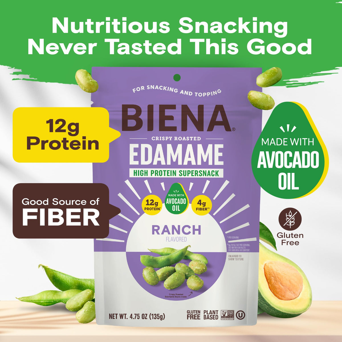 BIENA Ranch edamame serving size showing 12g protein per serving.