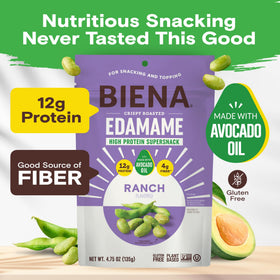 BIENA Ranch edamame serving size showing 12g protein per serving.