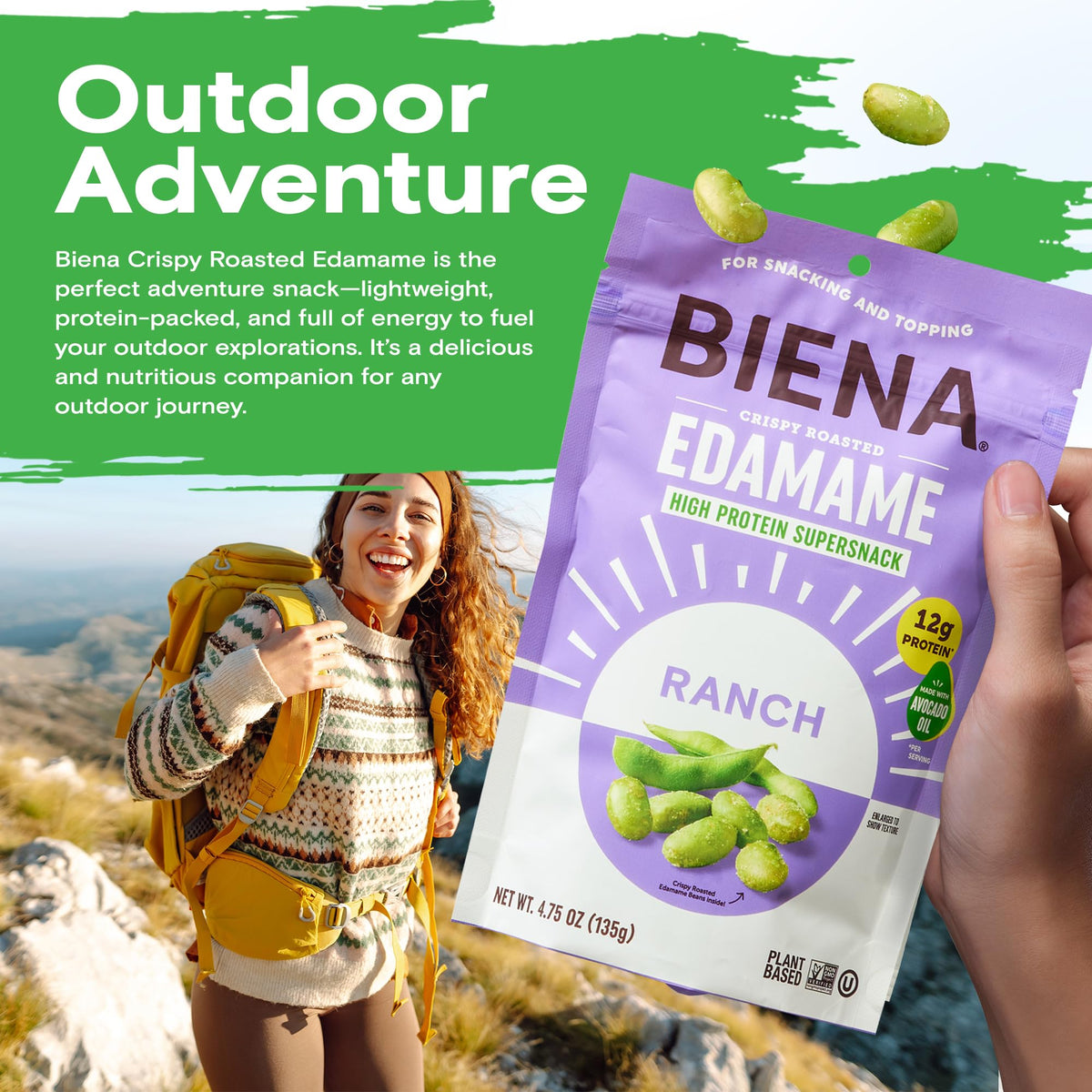BIENA ranch-flavored edamame, shelf-stable snack for hiking and travel.