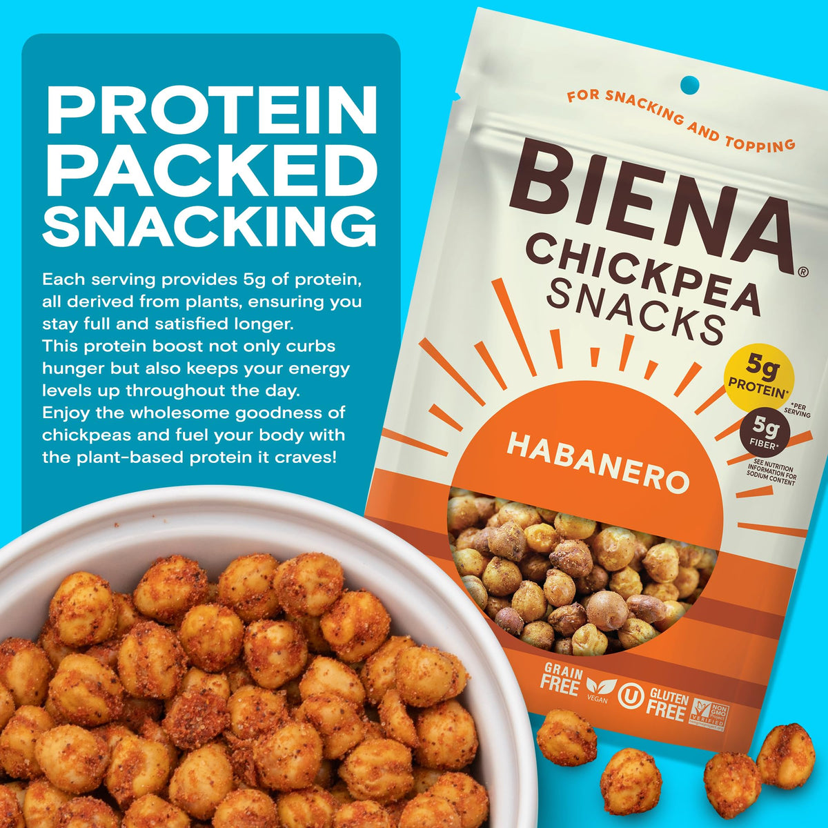 BIENA Roasted Chickpeas close-up showing crunchy texture and habanero heat.