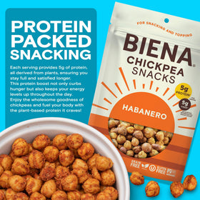 BIENA Roasted Chickpeas close-up showing crunchy texture and habanero heat.