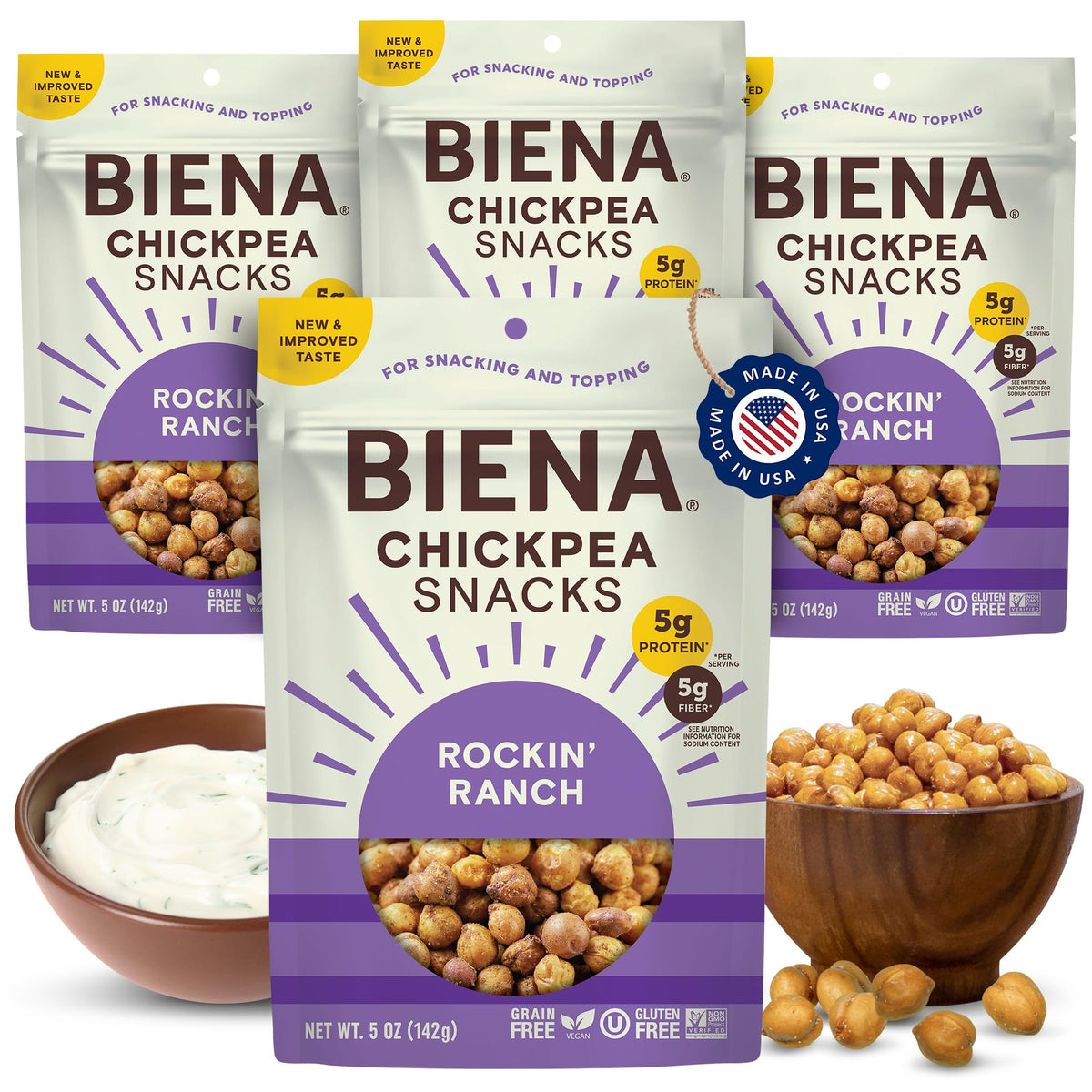 BIENA Rockin’ Ranch chickpeas in a 4-pack, ideal for on-the-go snacking