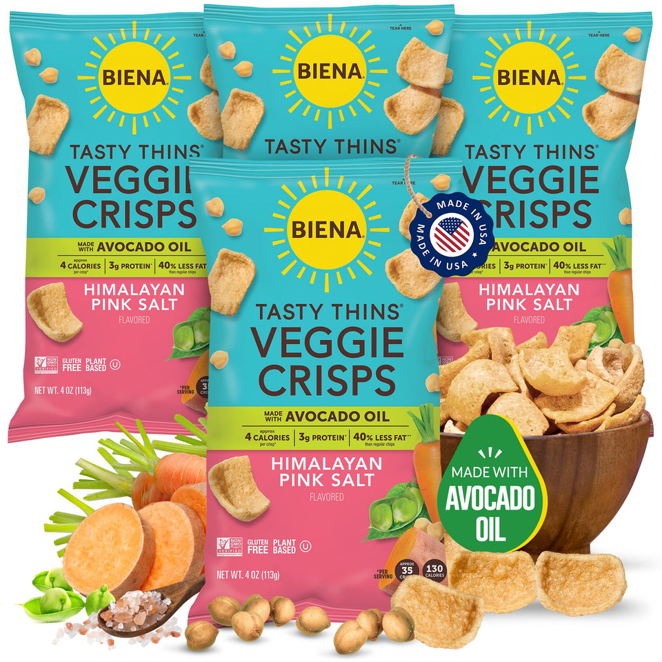 BIENA Tasty Thins front-pack image showing avocado oil crisp veggie snack