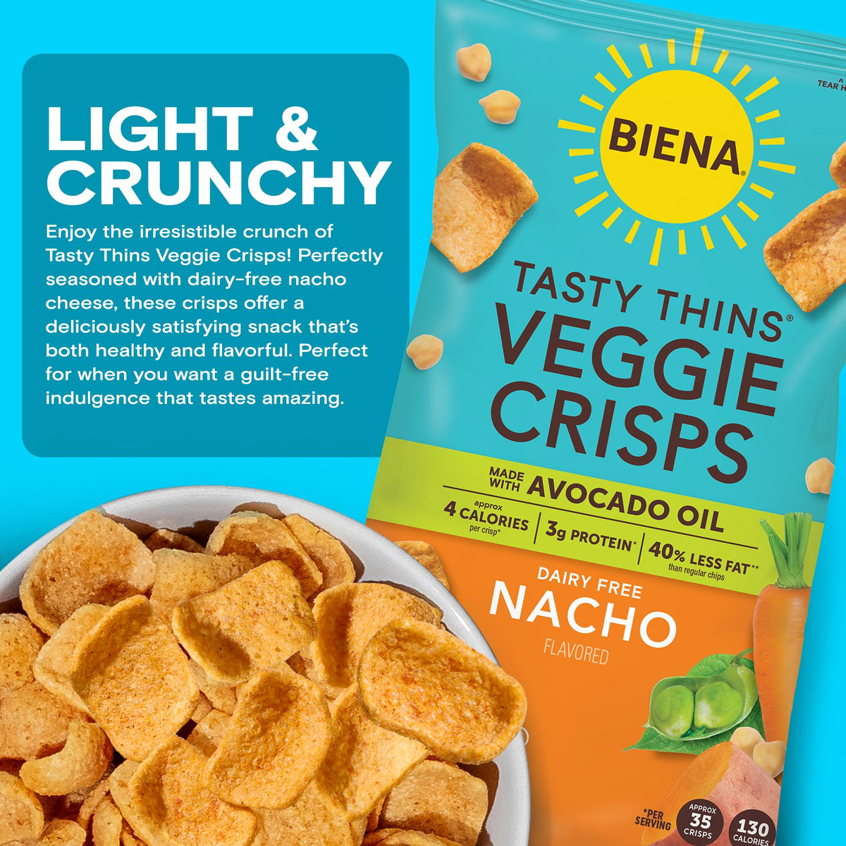 Gluten-free symbol displayed beside BIENA Veggie Crisps.