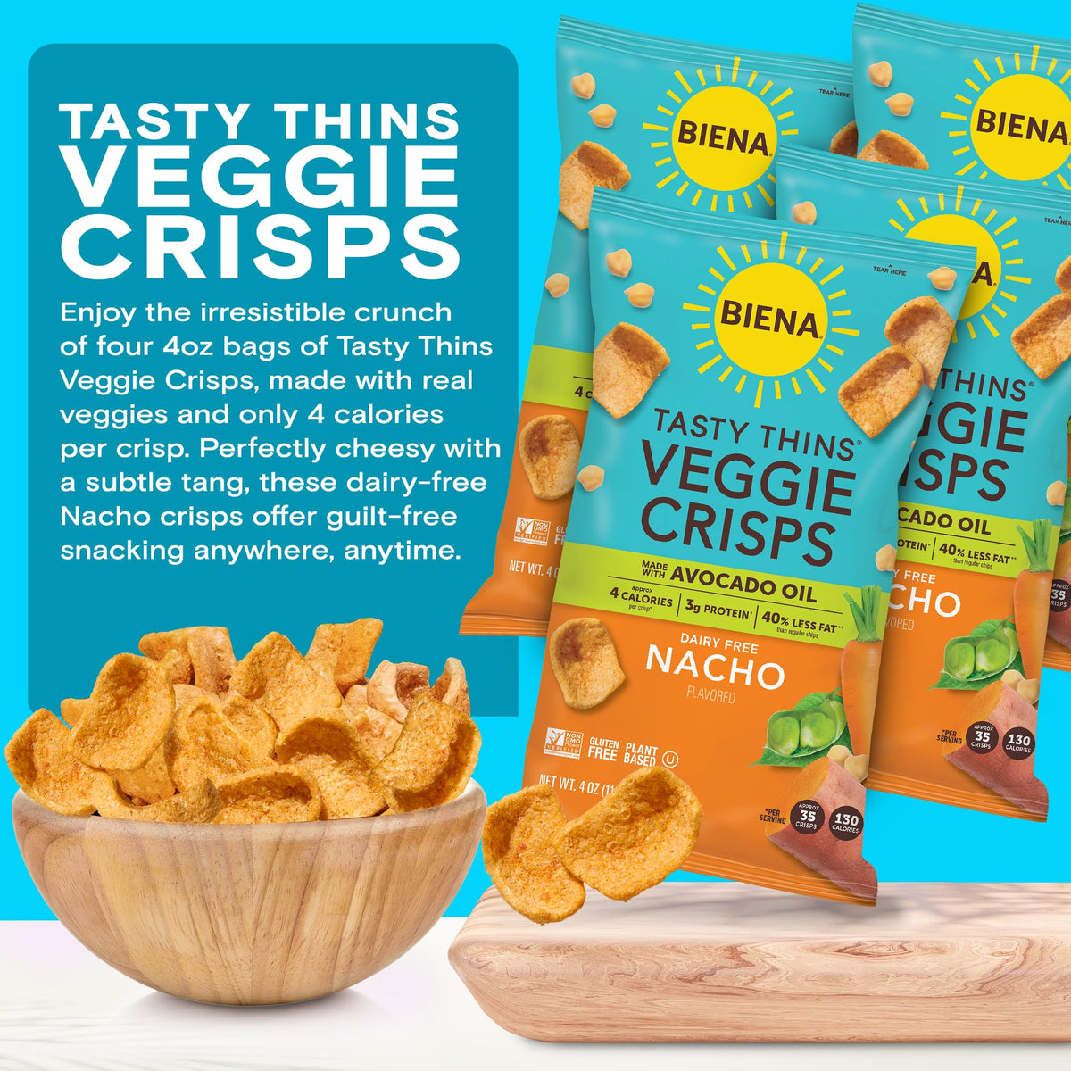 BIENA nacho flavor crisps for dipping with a satisfying crunch.