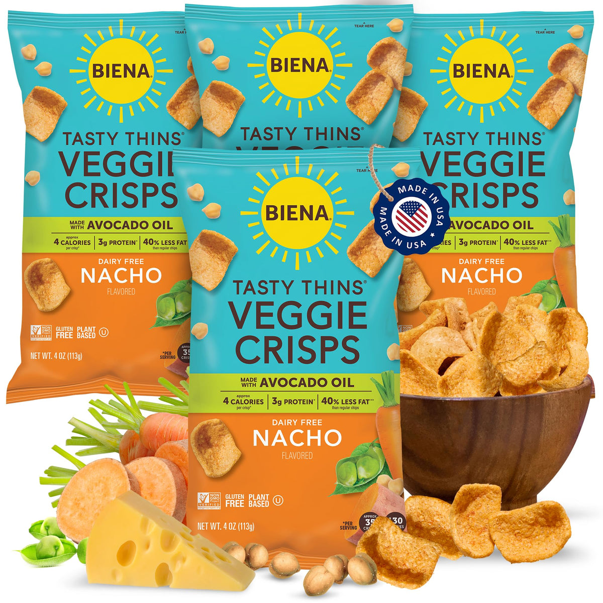 BIENA Tasty Thins Veggie Crisps nacho packaging highlights gluten-free, allergen-friendly snack options.