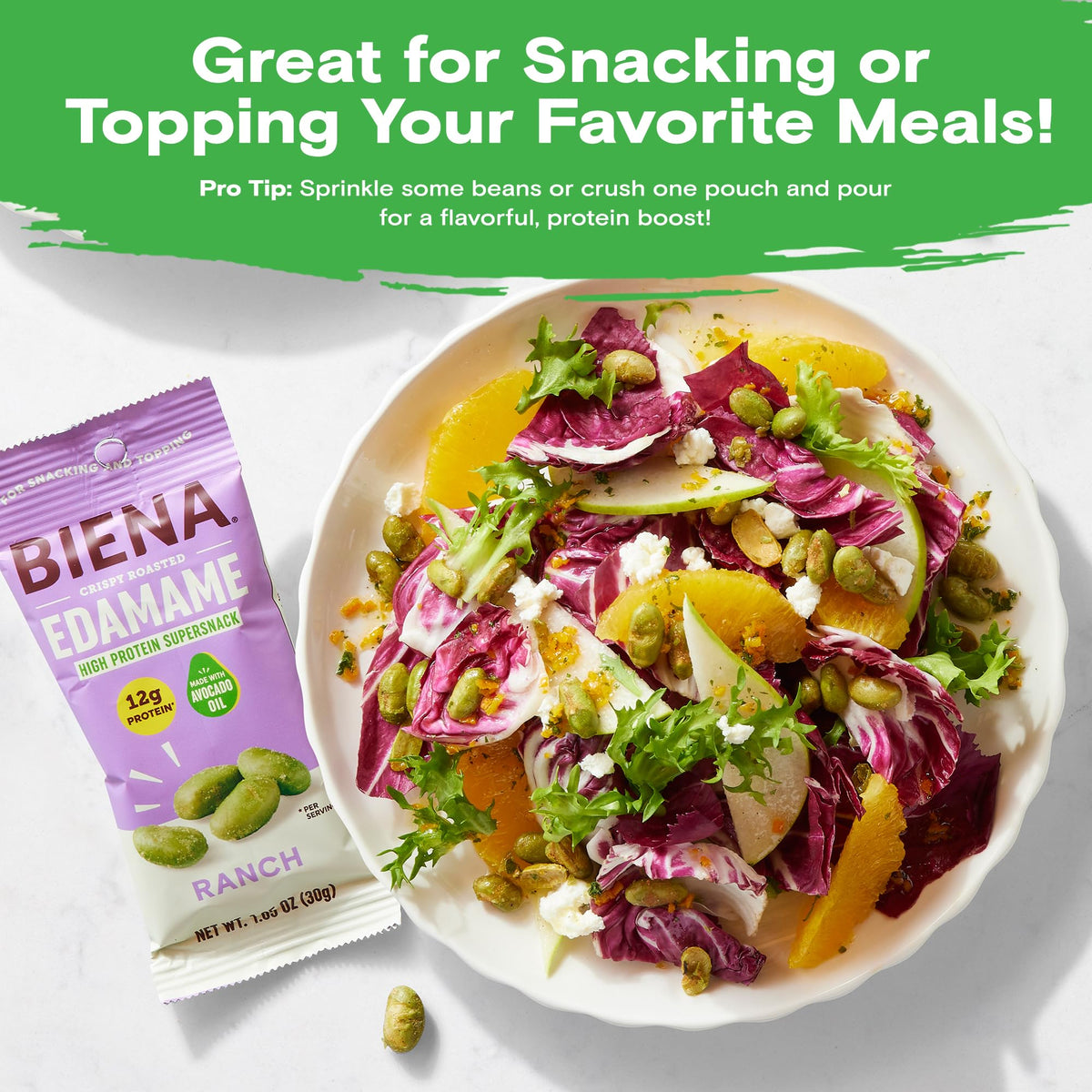 Biena vegan gluten-free edamame snack showcases dairy-free protein option.