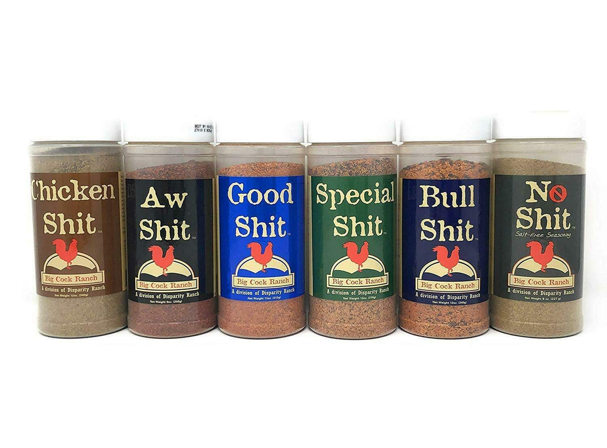 Big Cock Ranch Big 6 Sampler image showing six seasonings for bold grilling
