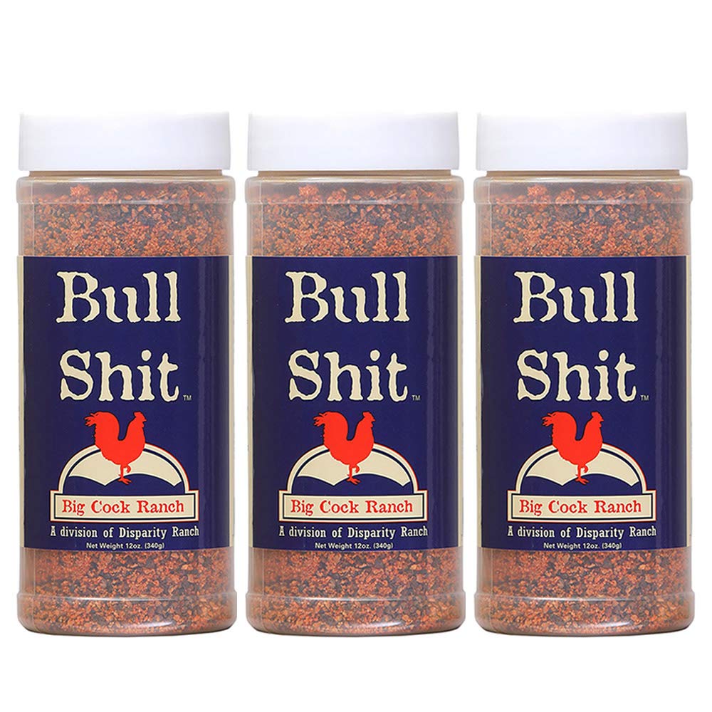 Big Cock Ranch Bullshit steak seasoning 3-pack on display enhances beef flavor potential.