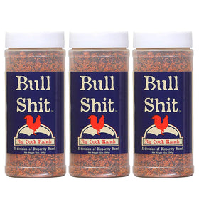 Big Cock Ranch Bullshit steak seasoning 3-pack on display enhances beef flavor potential.