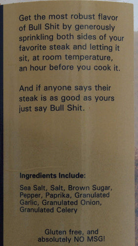 Big Cock Ranch Bullshit steak seasoning jar label highlights bold Texas-inspired blend.