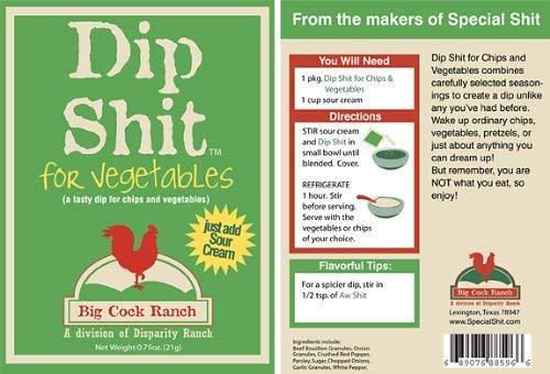 Big Cock Ranch Dip Shit pouch shown with chips for quick, flavorful dipping.