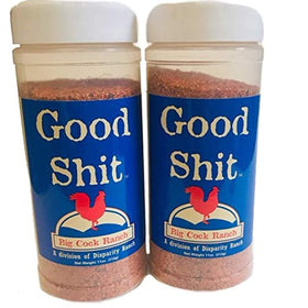 Big Cock Ranch Good Shit Seasoning 11oz bottle on counter, ideal for grilling.