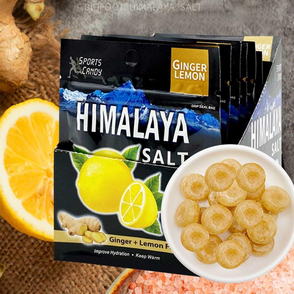 Big Foot ginger lemon candy back panel showing halal sports candy packaging.