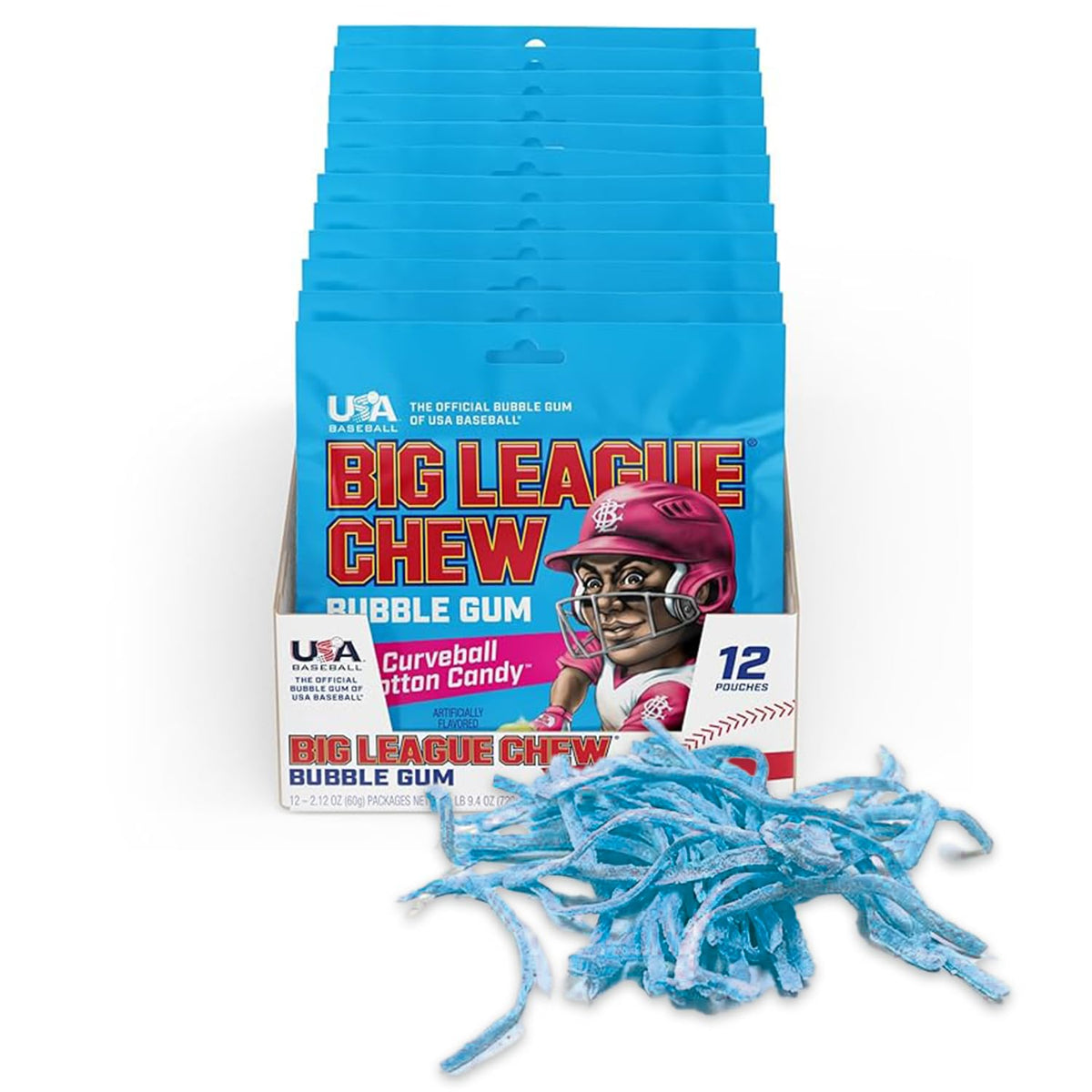 Big League Chew Curveball Cotton Candy Bubble Gum pack shown for ballparks and teams.