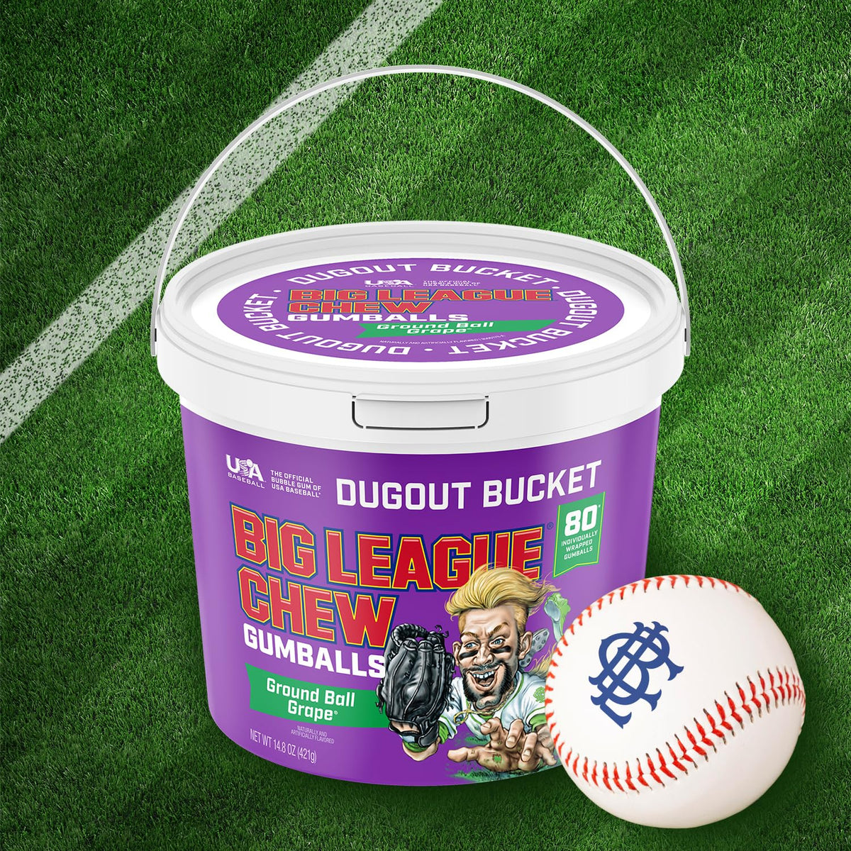 Close-up of Big League Chew grape flavor wrappers for bite-sized treat appeal.