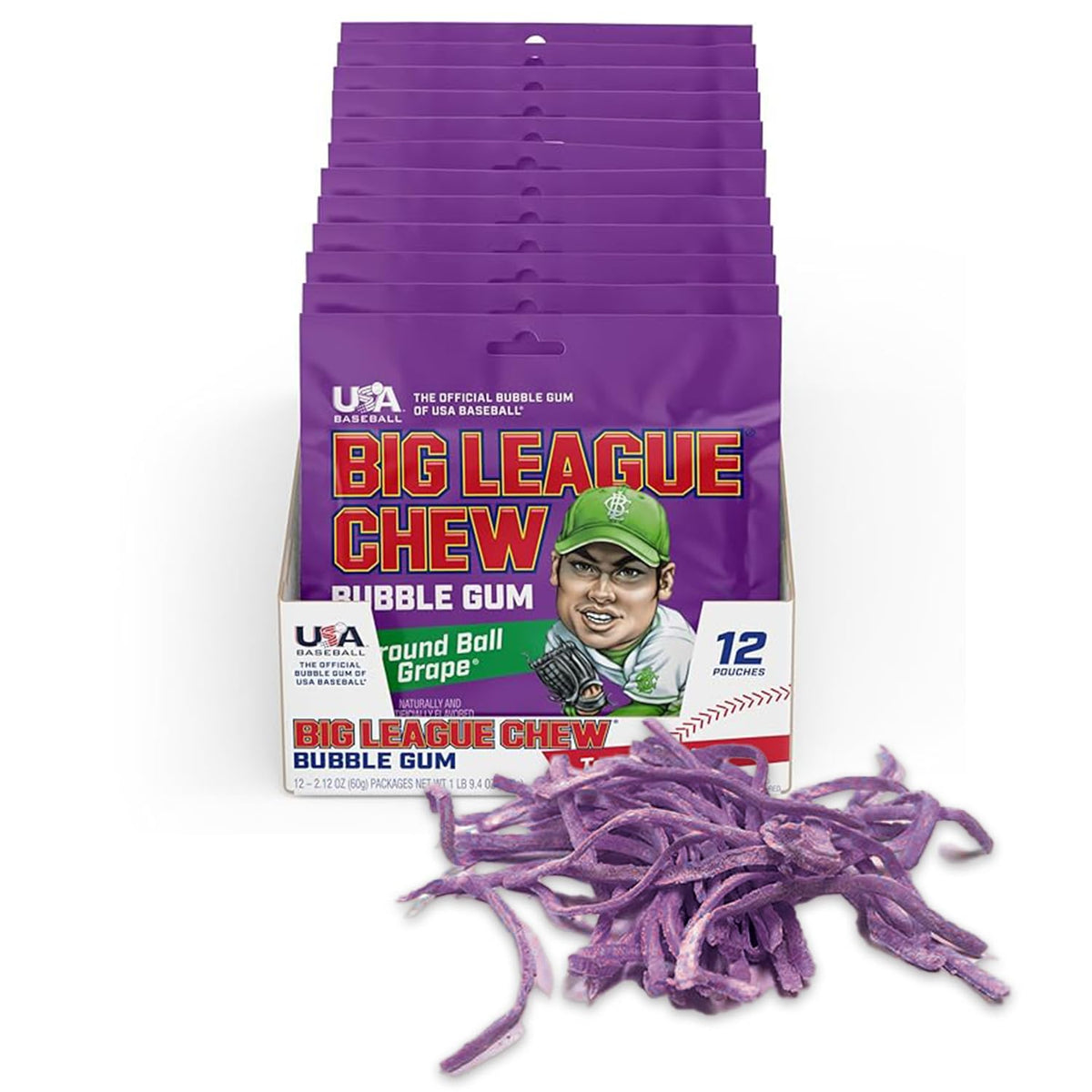 Big League Chew Ground Ball Grape gum bag front highlights shredded texture for quick chewing.