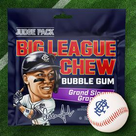 Big League Chew Judge Pack In Dugout setting showcasing portable treat for practice and fun.