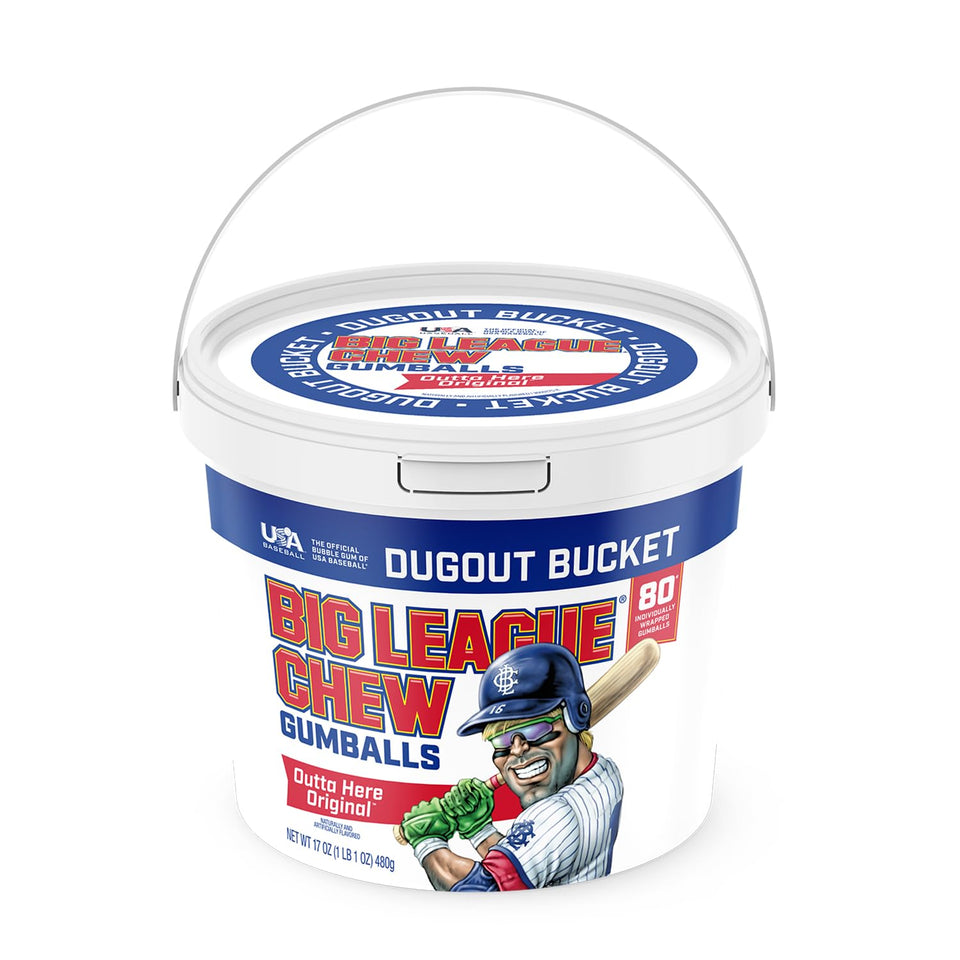 Big League Chew Original Bubble Gum bucket in the dugout, ready for team play