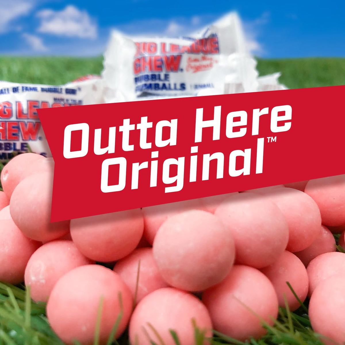 Big League Chew Outta Here flavor gumballs, classic taste for games.
