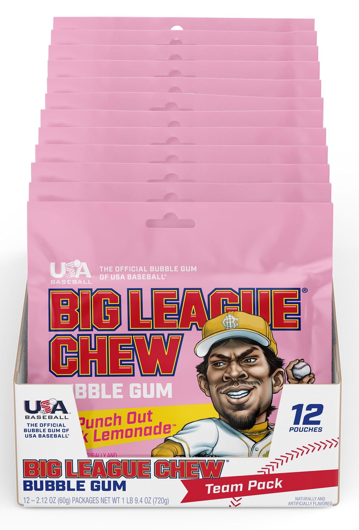 Big League Chew Punch Out Pink Lemonade bag closeup emphasizes shredded gum texture