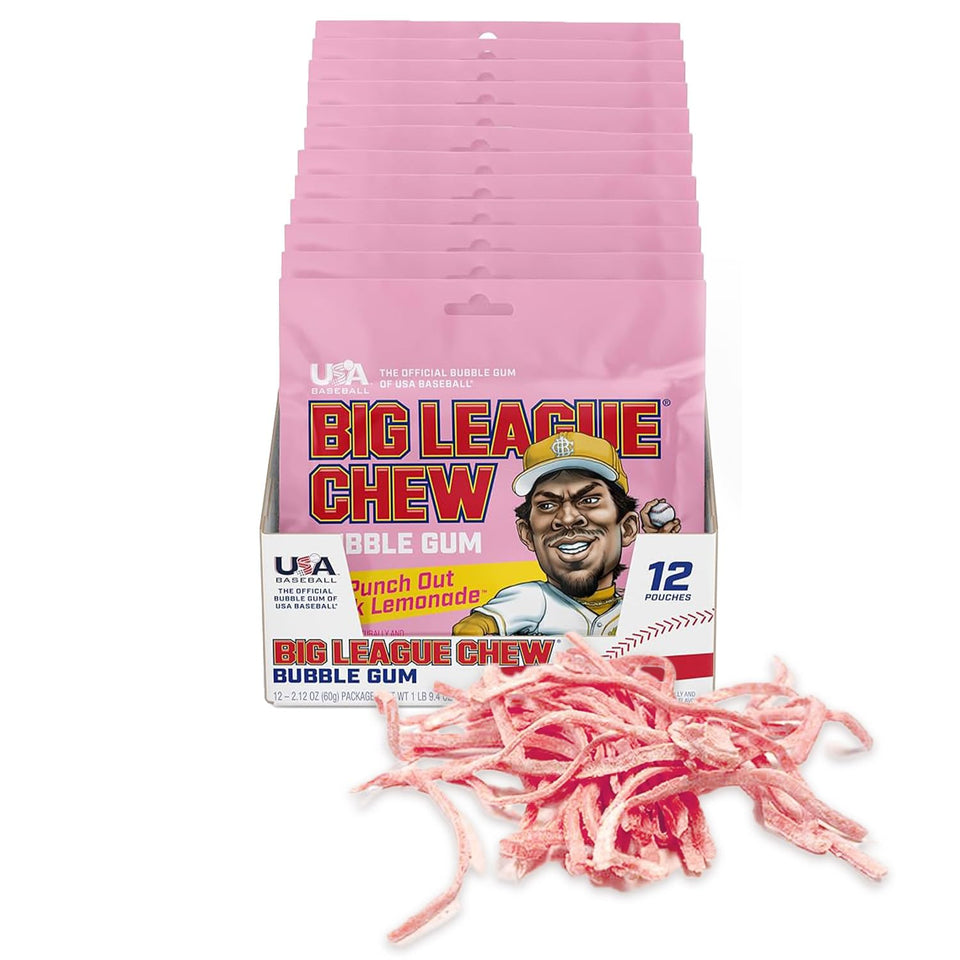 Big League Chew Punch Out Pink Lemonade pack front highlights flavor and 12-pack convenience