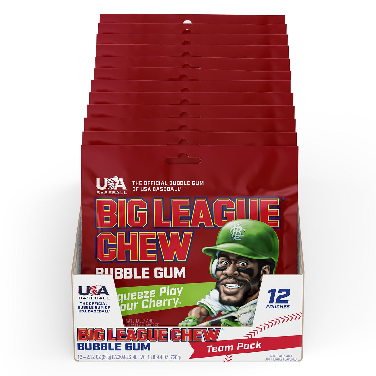 Big League Chew Sour Cherry bubble gum pack, great for game-day snacks.