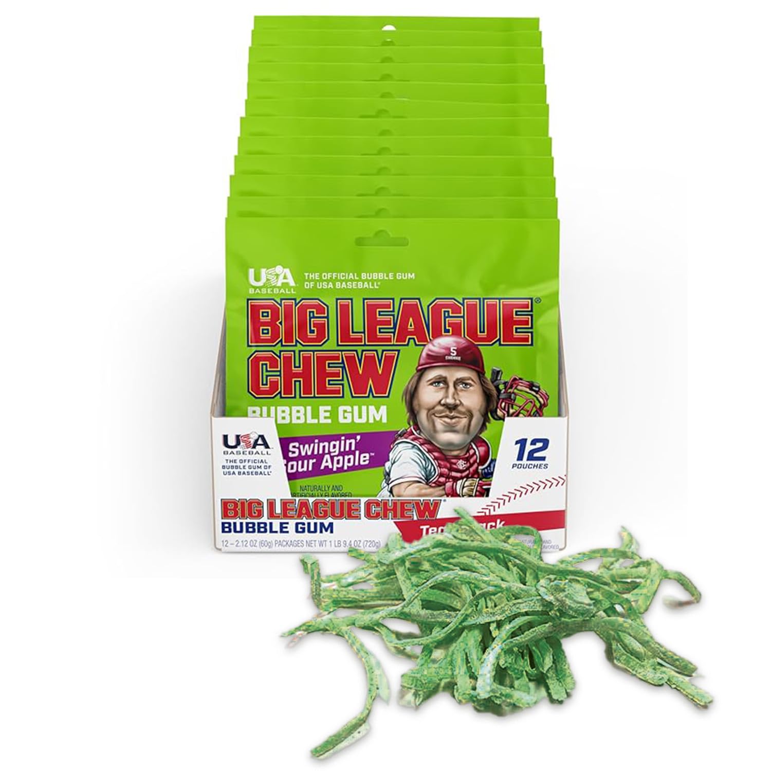 Big League Chew Swingin' Sour Apple pack, bold tart flavor for game-day snacking