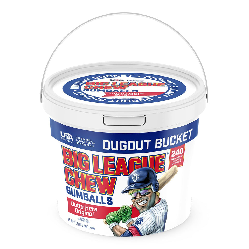 Big League Chew Team Rally Bucket gumballs in a dugout for snacking.