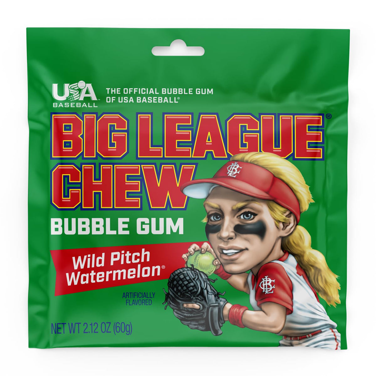 Hand holding Big League Chew Wild Pitch Watermelon for teammates' dugout sharing.