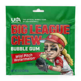 Hand holding Big League Chew Wild Pitch Watermelon for teammates' dugout sharing.
