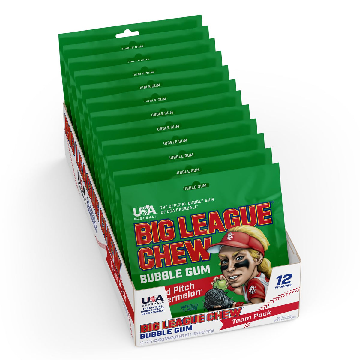 Big League Chew Wild Pitch Watermelon close-up shreds deliver juicy flavor during games.