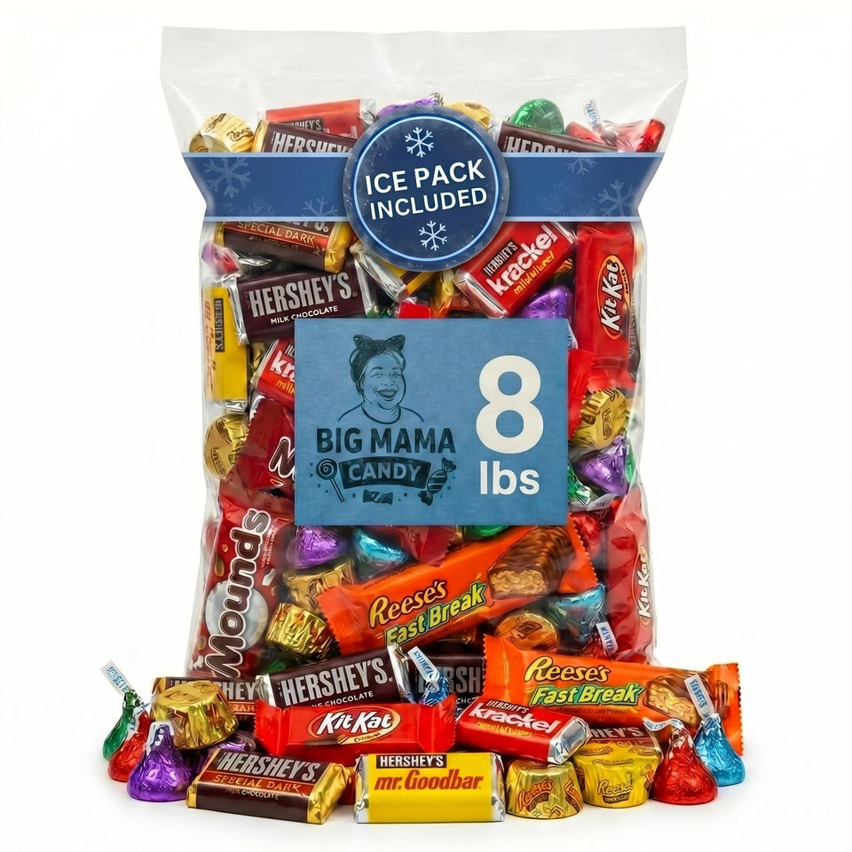 Big Mama Candy assorted chocolates in an 8 lb bulk bag for celebrations and sharing.