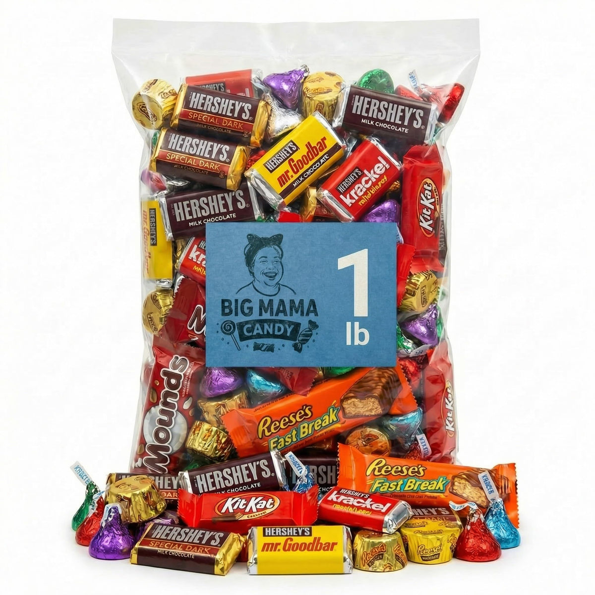Big Mama Candy assorted chocolates in a 1 lb bag, ideal for party favors.