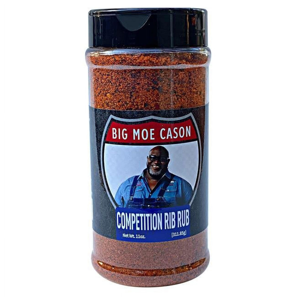 Big Moe cason Competition Rib Rub bottle ready to season pork ribs for competition-grade flavor.