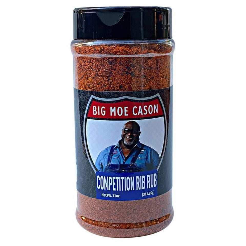 Big Moe cason Competition Rib Rub bottle ready to season pork ribs for competition-grade flavor.