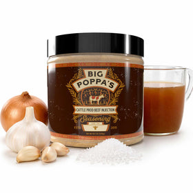 Big Poppa Smokers beef injection bottle for consistent juiciness in meat