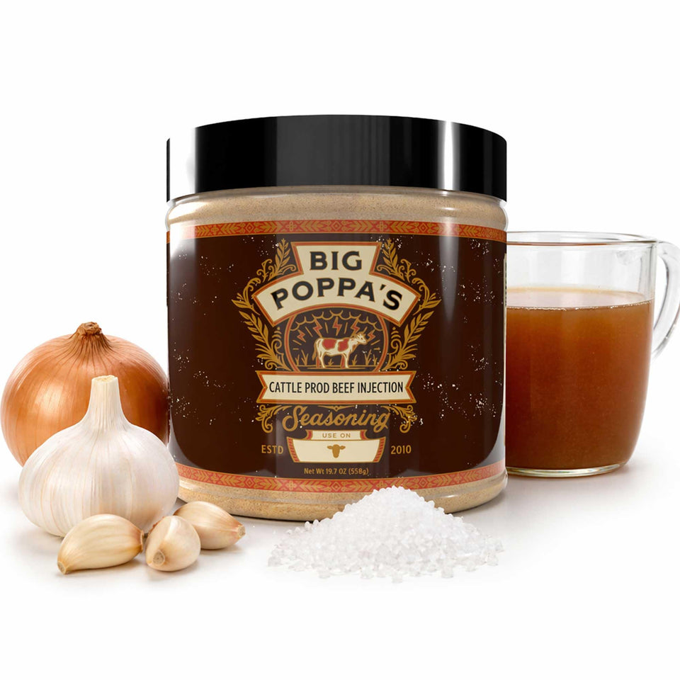 Big Poppa Smokers beef injection bottle for consistent juiciness in meat