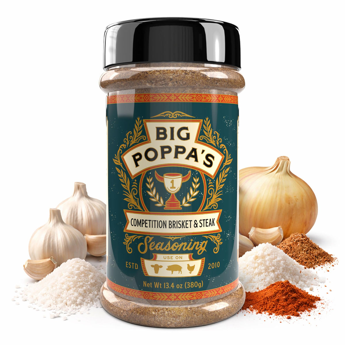 Big Poppa Smokers Competition Brisket & Steak Rub bottle shows fresh, ready-to-use flavor.