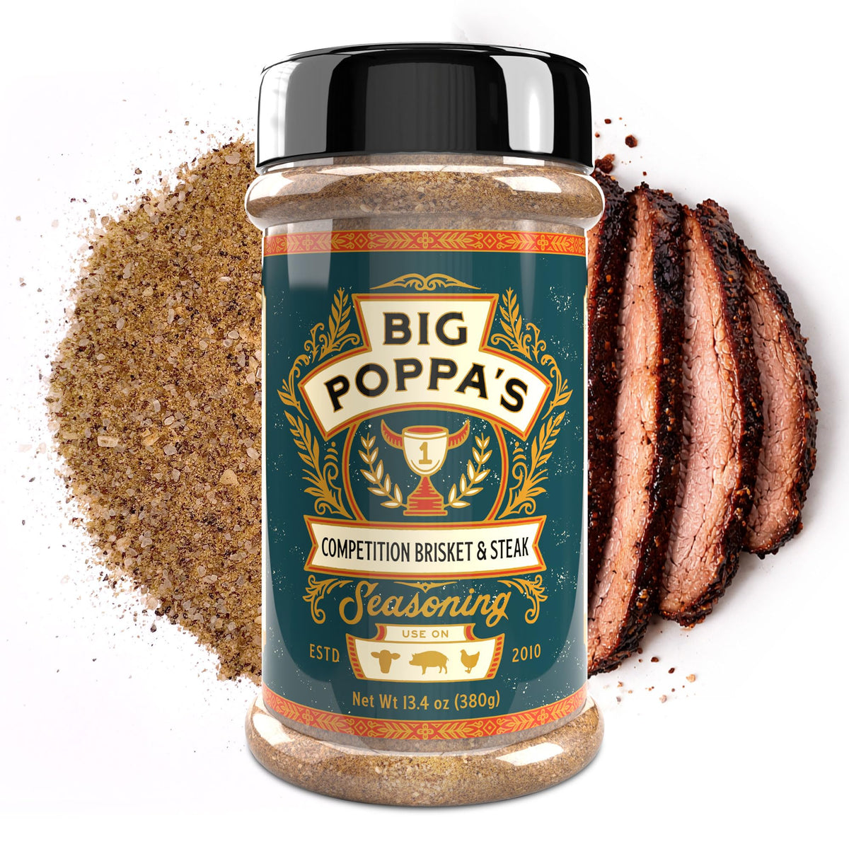 Big Poppa Smokers rub ingredients spread highlighting smoked sea salt and beef stock.