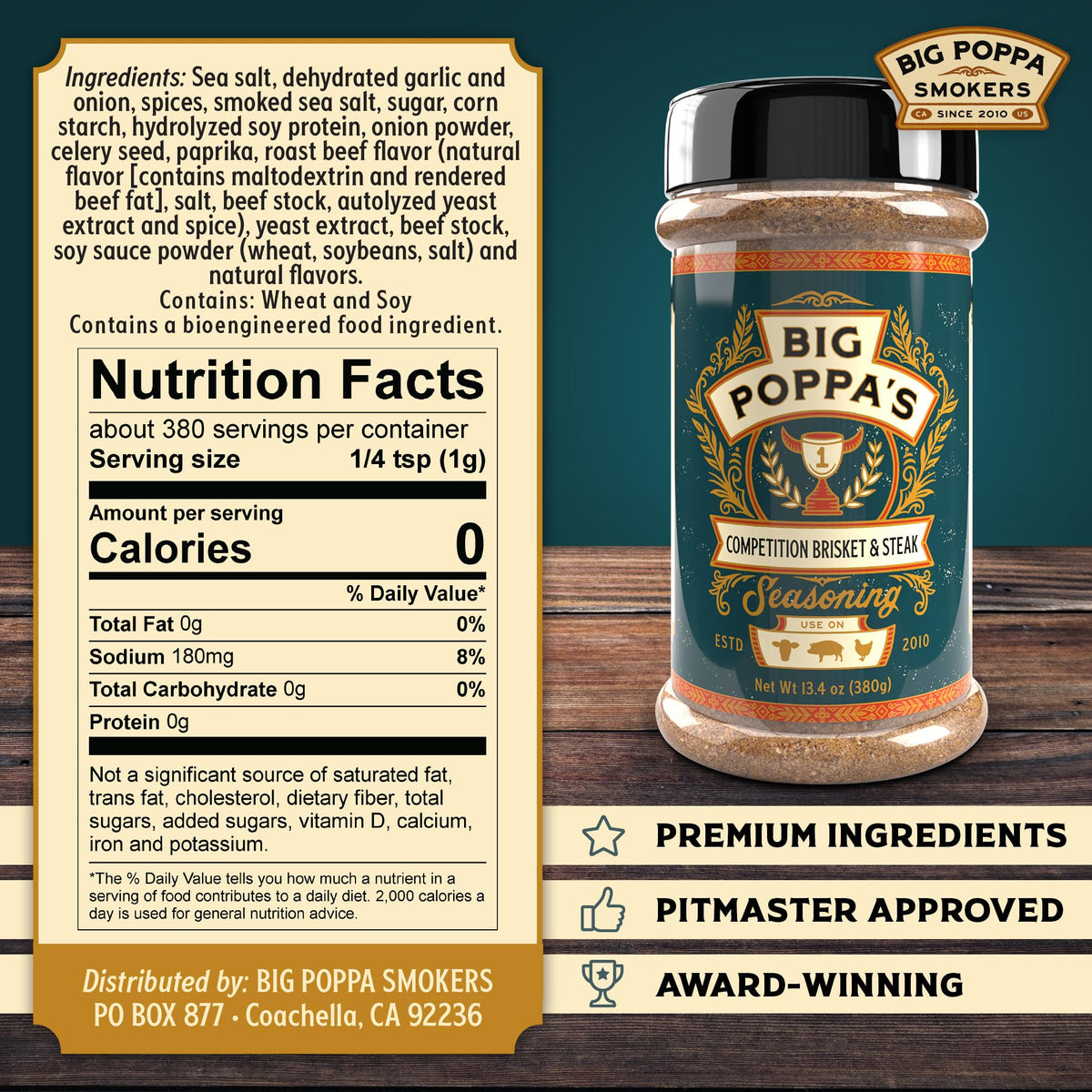 Big Poppa Smokers rub shaker close-up showing 13.4 oz packaging for flavor.