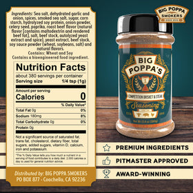 Big Poppa Smokers rub shaker close-up showing 13.4 oz packaging for flavor.
