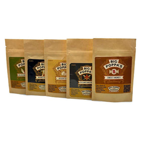 Big Poppa Smokers Essentials Sampler Set shown as five rubs for testing flavors at home.