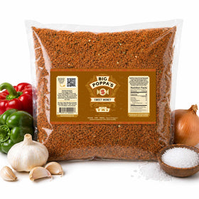 Big Poppa's Sweet Money BBQ Rub bottle pour showing granulated honey sweetness