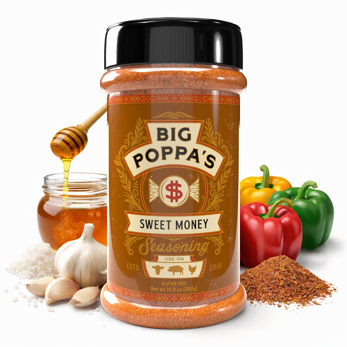 Big Poppa's Sweet Money BBQ Rub bottle ready to enhance pork flavor with sweet-savory balance.
