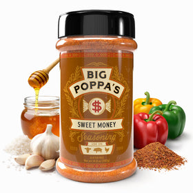 Big Poppa's Sweet Money BBQ Rub bottle ready to enhance pork flavor with sweet-savory balance.