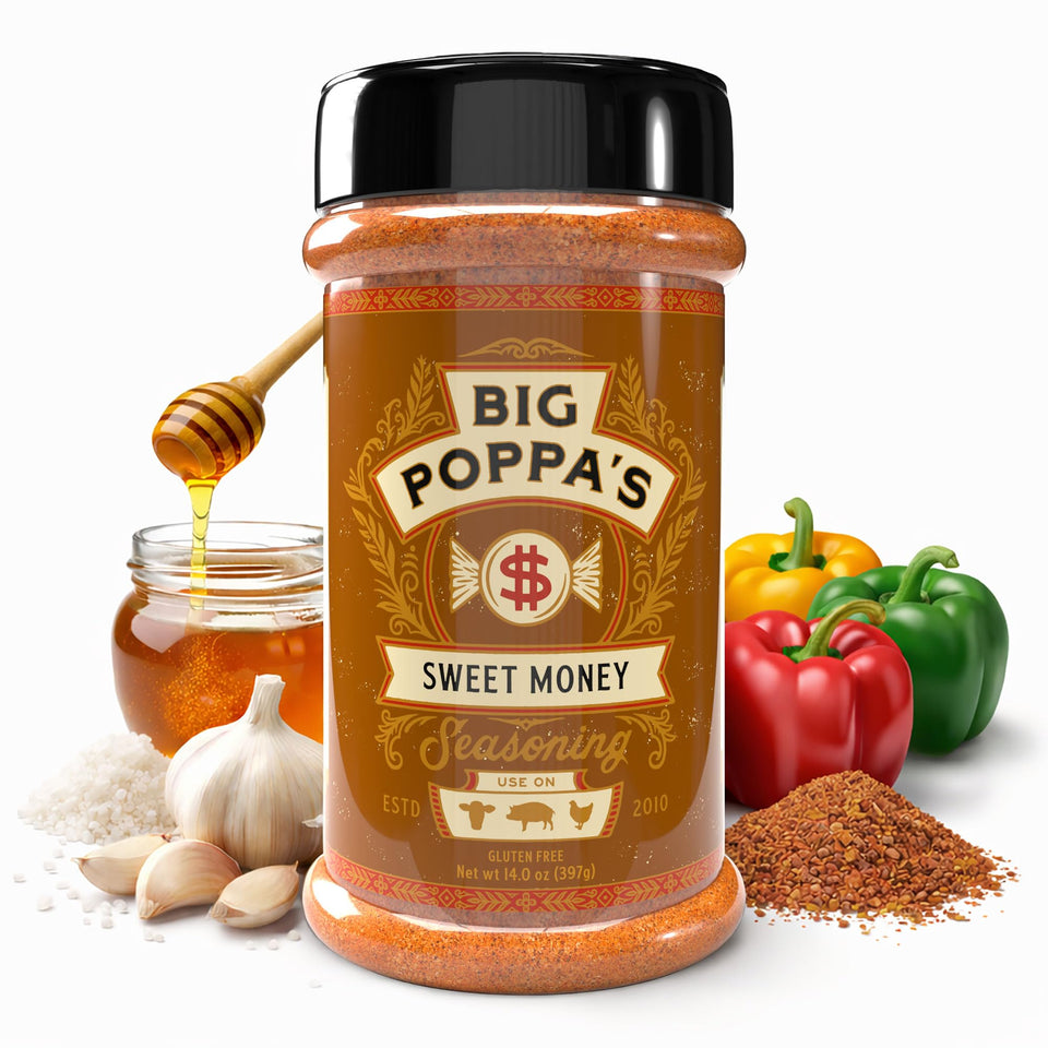 Big Poppa's Sweet Money BBQ Rub bottle ready to enhance pork flavor with sweet-savory balance.