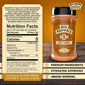 Big Poppa's Sweet Money BBQ Rub label highlighting gluten-free, clean ingredients.
