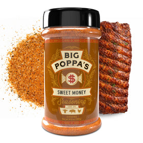 Big Poppa's Sweet Money BBQ Rub shaker for even seasoning on ribs and pork.